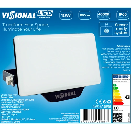 LED Mitrumizturīgs āra prožektors 10W, 1100Lm, 4000K, IP65